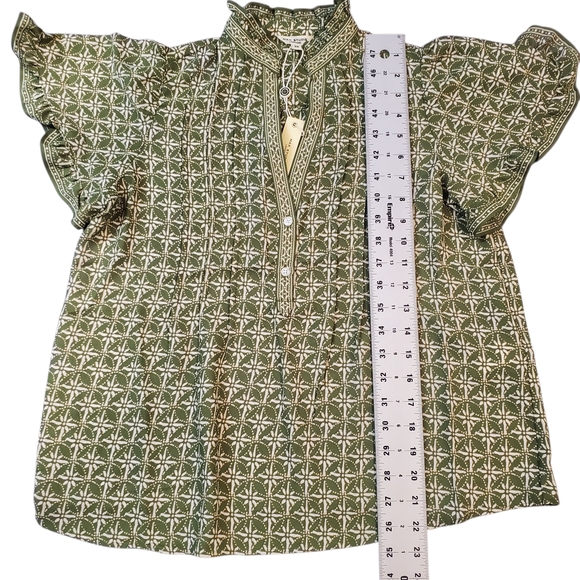 Max Studio Blouse Size XSmall Green Floral Ruffle Peasant Boho - Picture 9 of 13